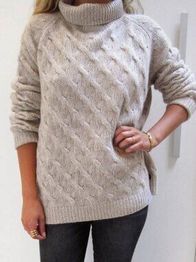 Inhabit Cashmere Cable Knit Turtleneck in Grey/Beige, size XS
